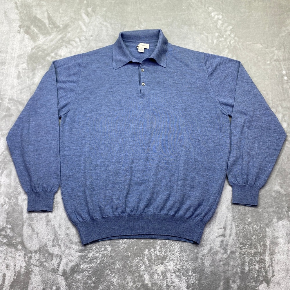 John W Nordstrom Mens Sz L Blue Merino Wool Long‎ Sleeve Polo Sweater Italy